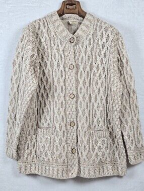 Kilronan Knitwear Ireland Merino Wool Aran Cable Knit Cardigan Wooden Buttons L